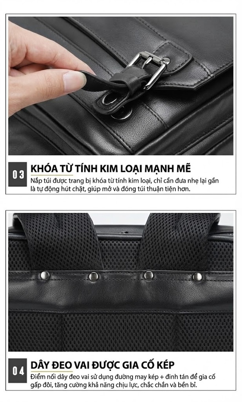 Balo Đeo Vai Nam Da Bò Công Sở Đa Năng Dung Tích Lớn Đựng Laptop Màu Đen chi tiết 14