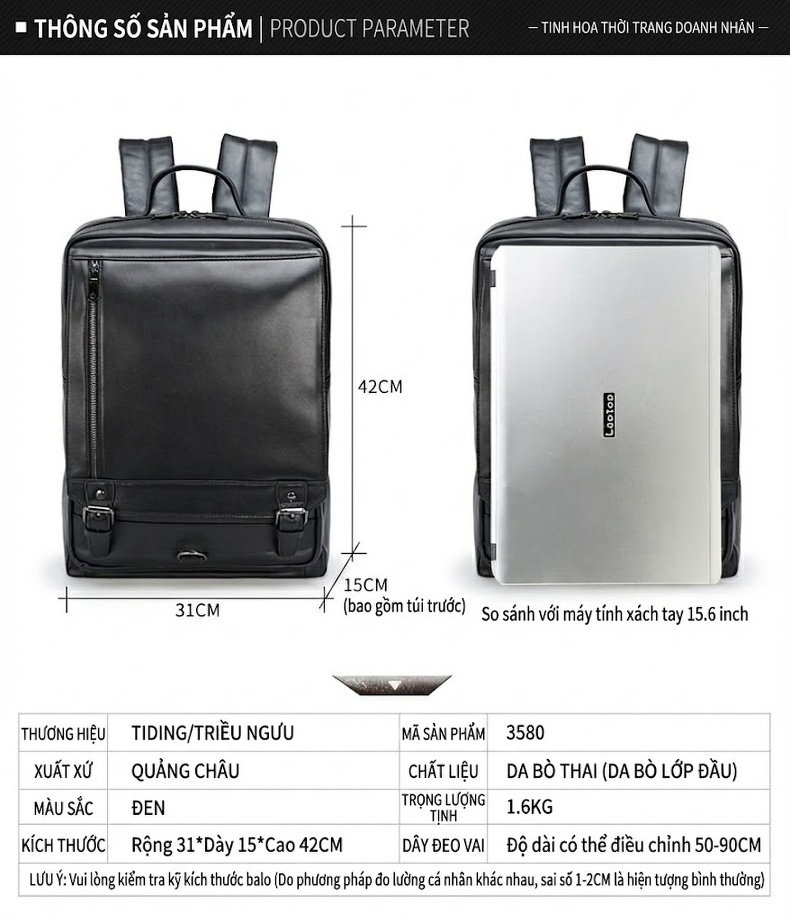 Balo Đeo Vai Nam Da Bò Công Sở Đa Năng Dung Tích Lớn Đựng Laptop Màu Đen chi tiết 8