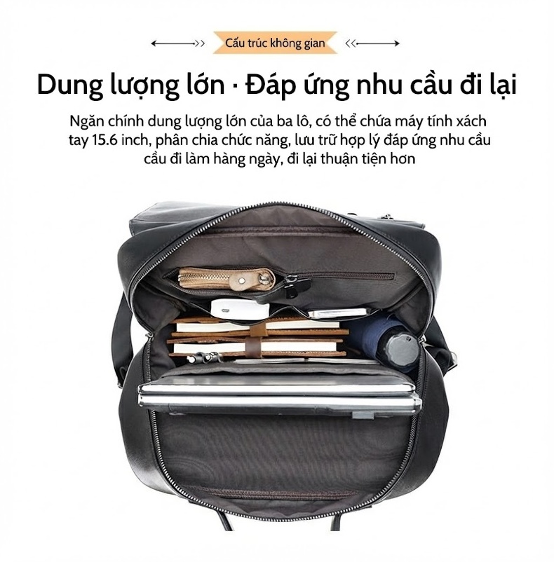 Balo Đeo Vai Nam Da Bò Công Sở Đa Năng Dung Tích Lớn Đựng Laptop Màu Đen chi tiết 10