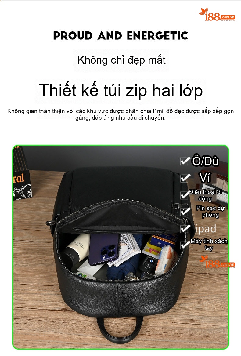Balo Đeo Vai Nam Da Bò Lớp Đầu Phong Cách Hàn Quốc Thời Trang Màu Đen chi tiết 7