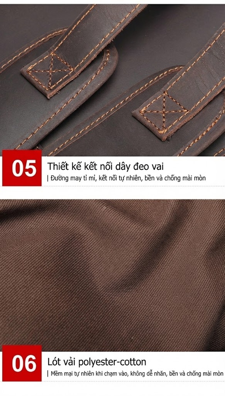 Balo Đeo Vai Nam Da Thật Phong Cách Retro Đựng Laptop 15.6 Inch Màu Nâu chi tiết 14