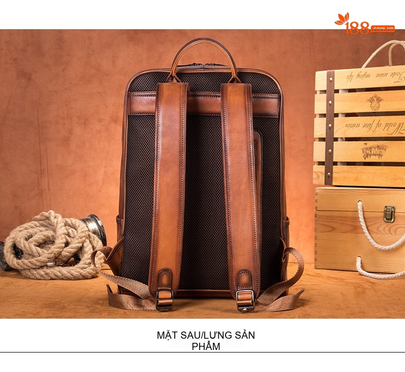 Balo Đeo Vai Nam Da Thật Phong Cách Retro Đựng Laptop 15.6 Inch Màu Nâu chi tiết 28
