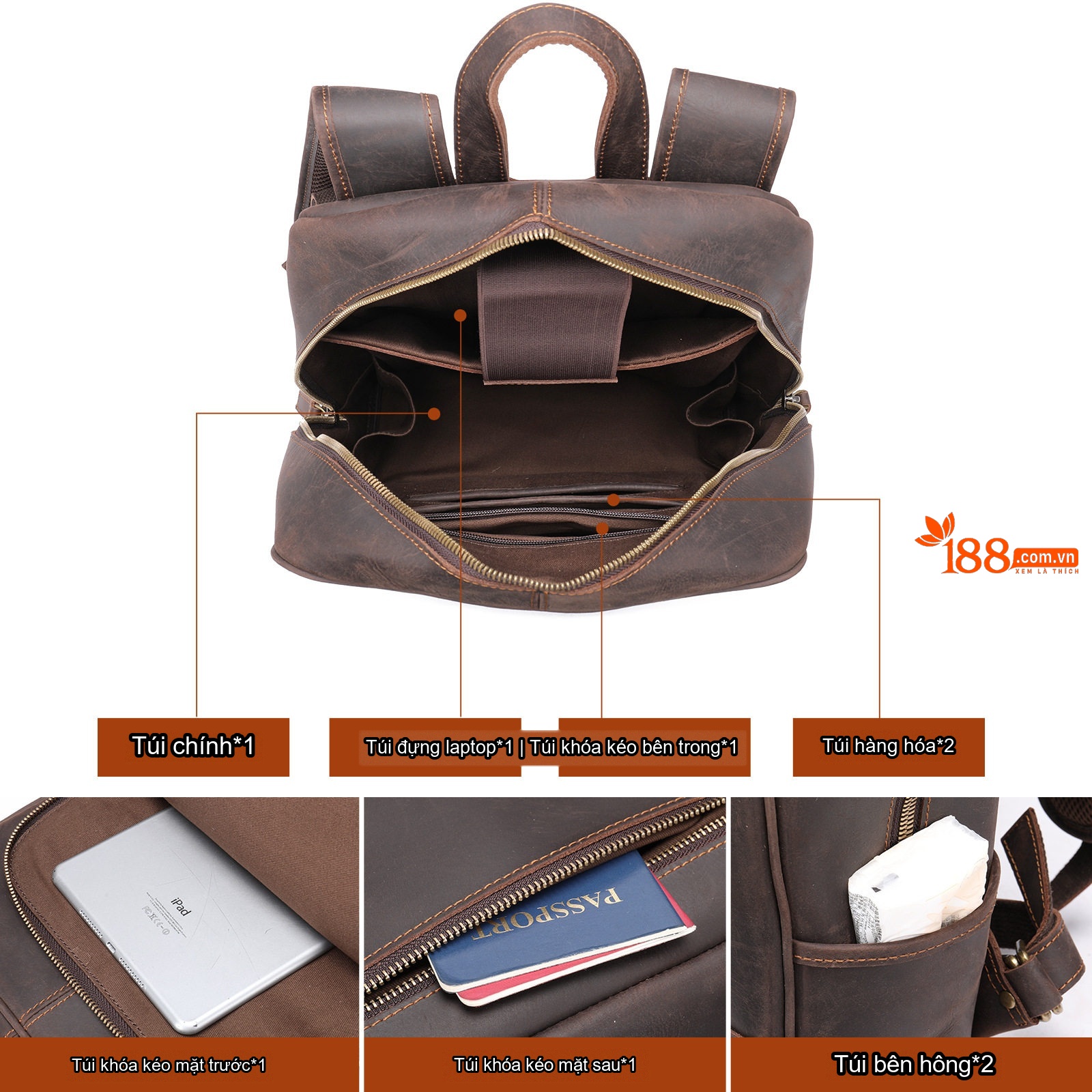 Balo Đeo Vai Nam Da Thật Phong Cách Retro Đựng Laptop 15.6 Inch Màu Nâu