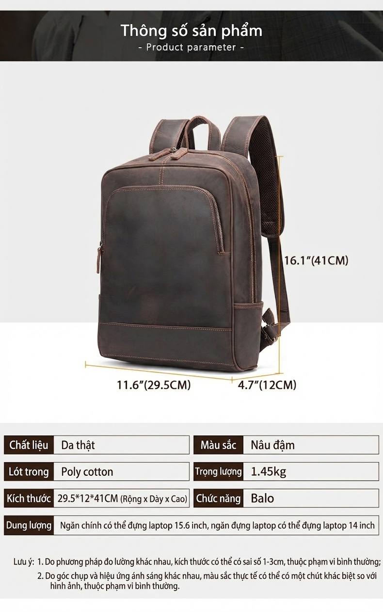 Balo Đeo Vai Nam Da Thật Phong Cách Retro Đựng Laptop 15.6 Inch Màu Nâu chi tiết 2