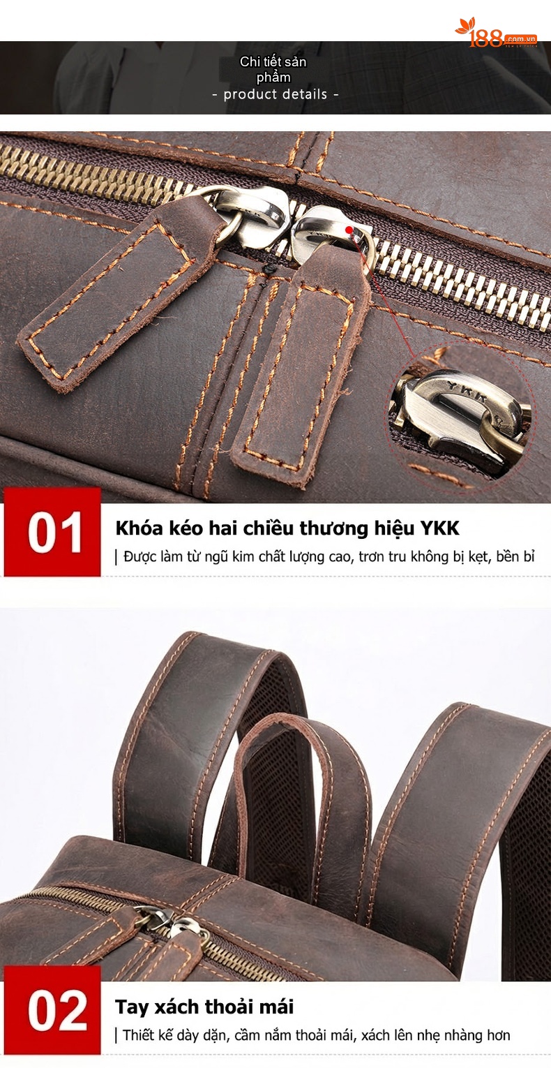 Balo Đeo Vai Nam Da Thật Phong Cách Retro Đựng Laptop 15.6 Inch Màu Nâu chi tiết 12