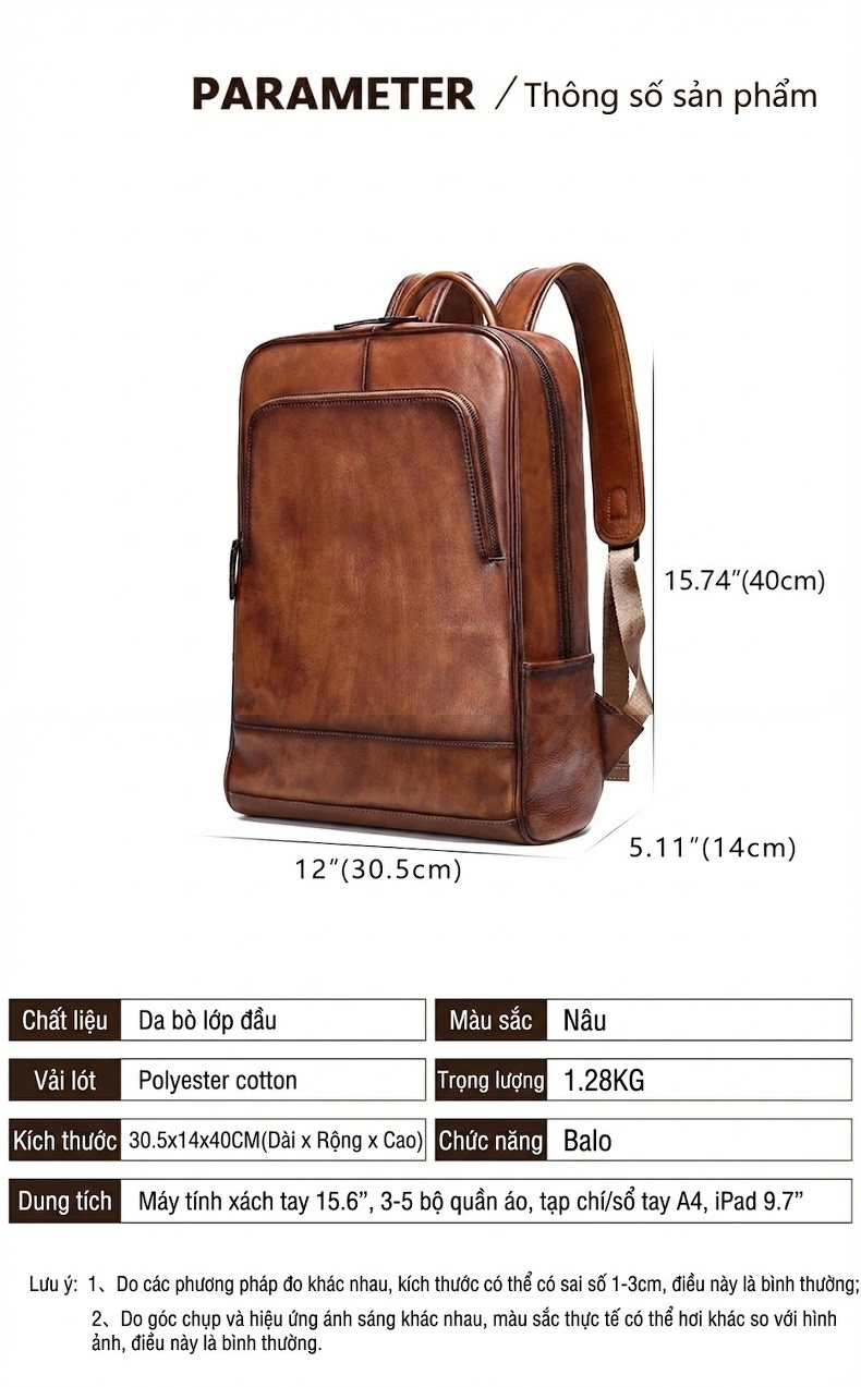 Balo Đeo Vai Nam Da Thật Phong Cách Retro Đựng Laptop 15.6 Inch Màu Nâu chi tiết 22