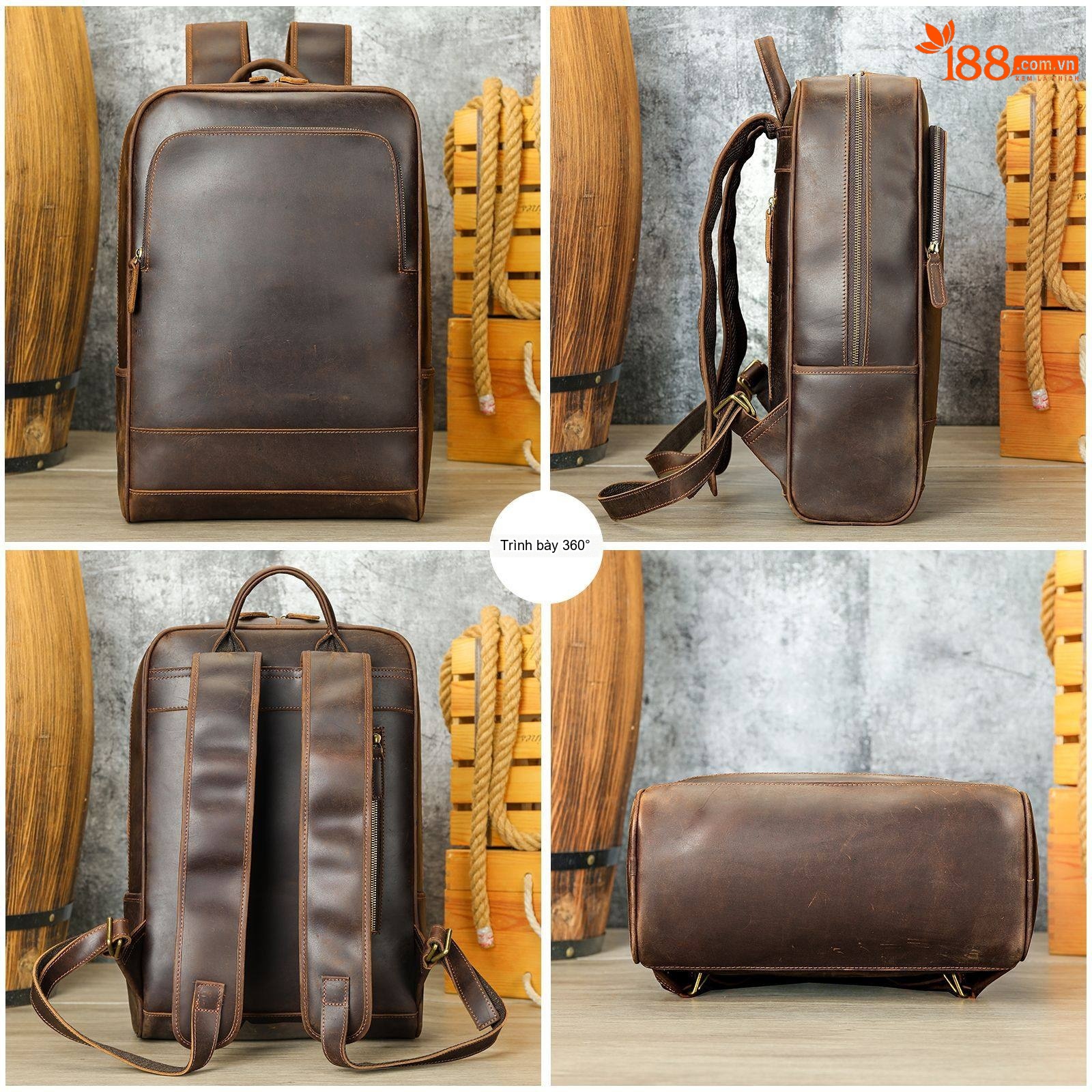 Balo Đeo Vai Nam Da Thật Phong Cách Retro Đựng Laptop 15.6 Inch Màu Nâu