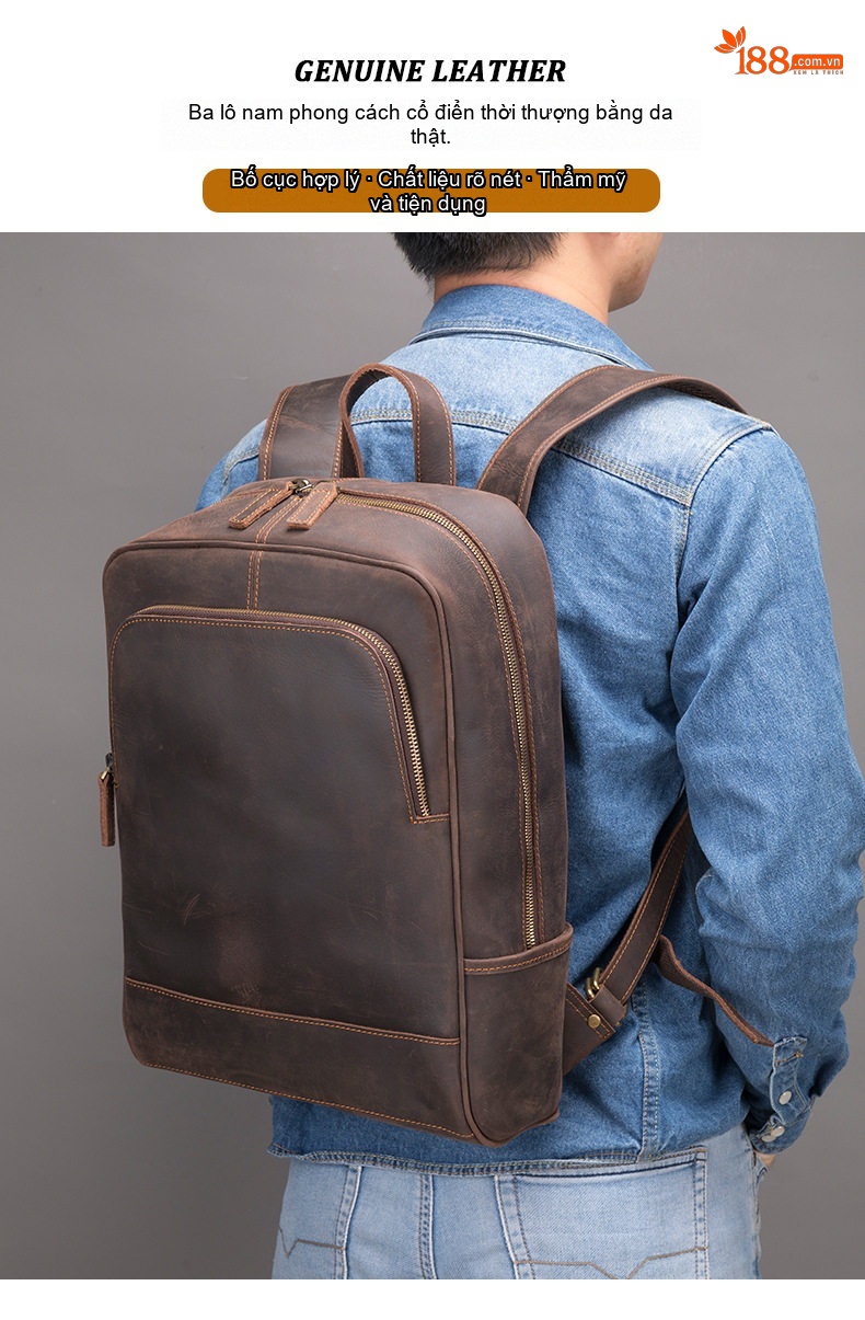 Balo Đeo Vai Nam Da Thật Phong Cách Retro Đựng Laptop 15.6 Inch Màu Nâu chi tiết 1