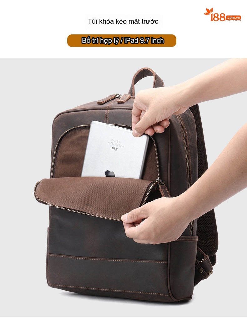 Balo Đeo Vai Nam Da Thật Phong Cách Retro Đựng Laptop 15.6 Inch Màu Nâu chi tiết 9
