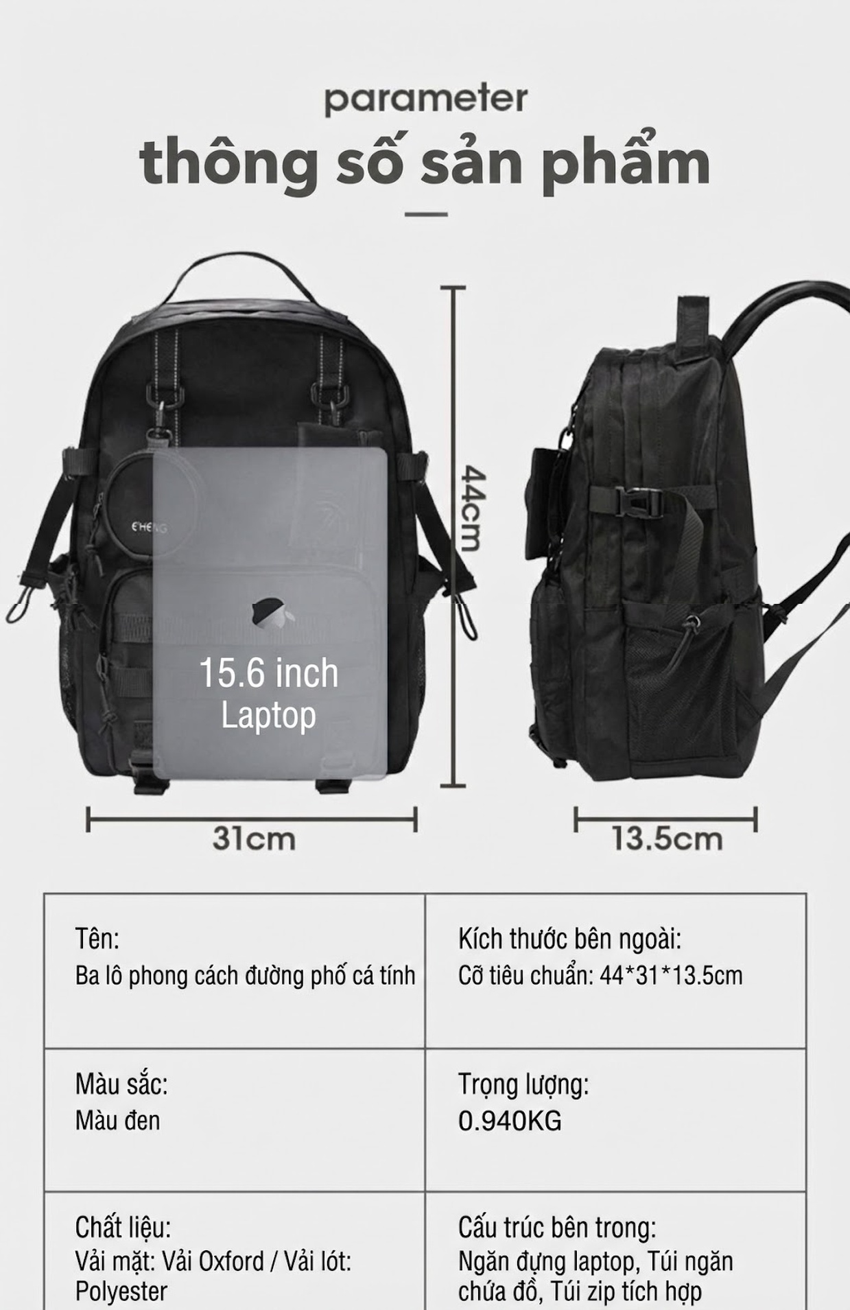 Balo Đeo Vai Nam Kiểu Cơ Năng Du Lịch Ngoài Trời Đựng Laptop Chống Nước Chống Mài Mòn Màu Đen chi tiết 7