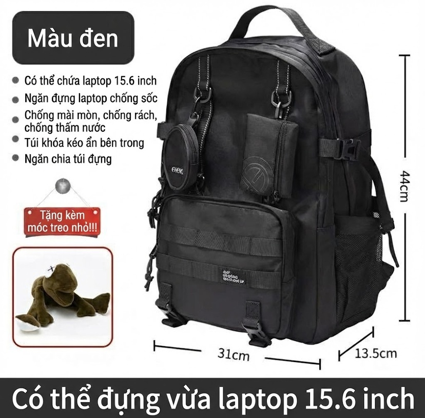 Balo Đeo Vai Nam Kiểu Cơ Năng Du Lịch Ngoài Trời Đựng Laptop Chống Nước Chống Mài Mòn Màu Đen