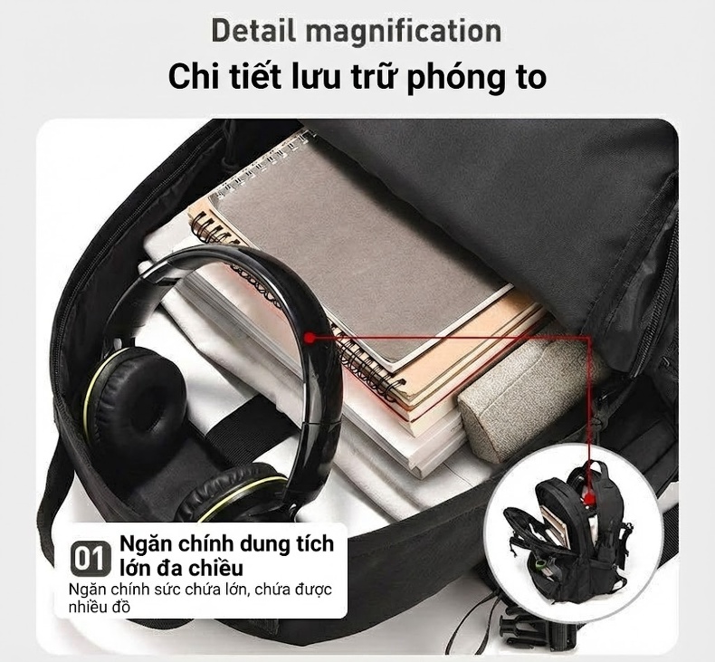 Balo Đeo Vai Nam Kiểu Cơ Năng Du Lịch Ngoài Trời Đựng Laptop Chống Nước Chống Mài Mòn Màu Đen chi tiết 11