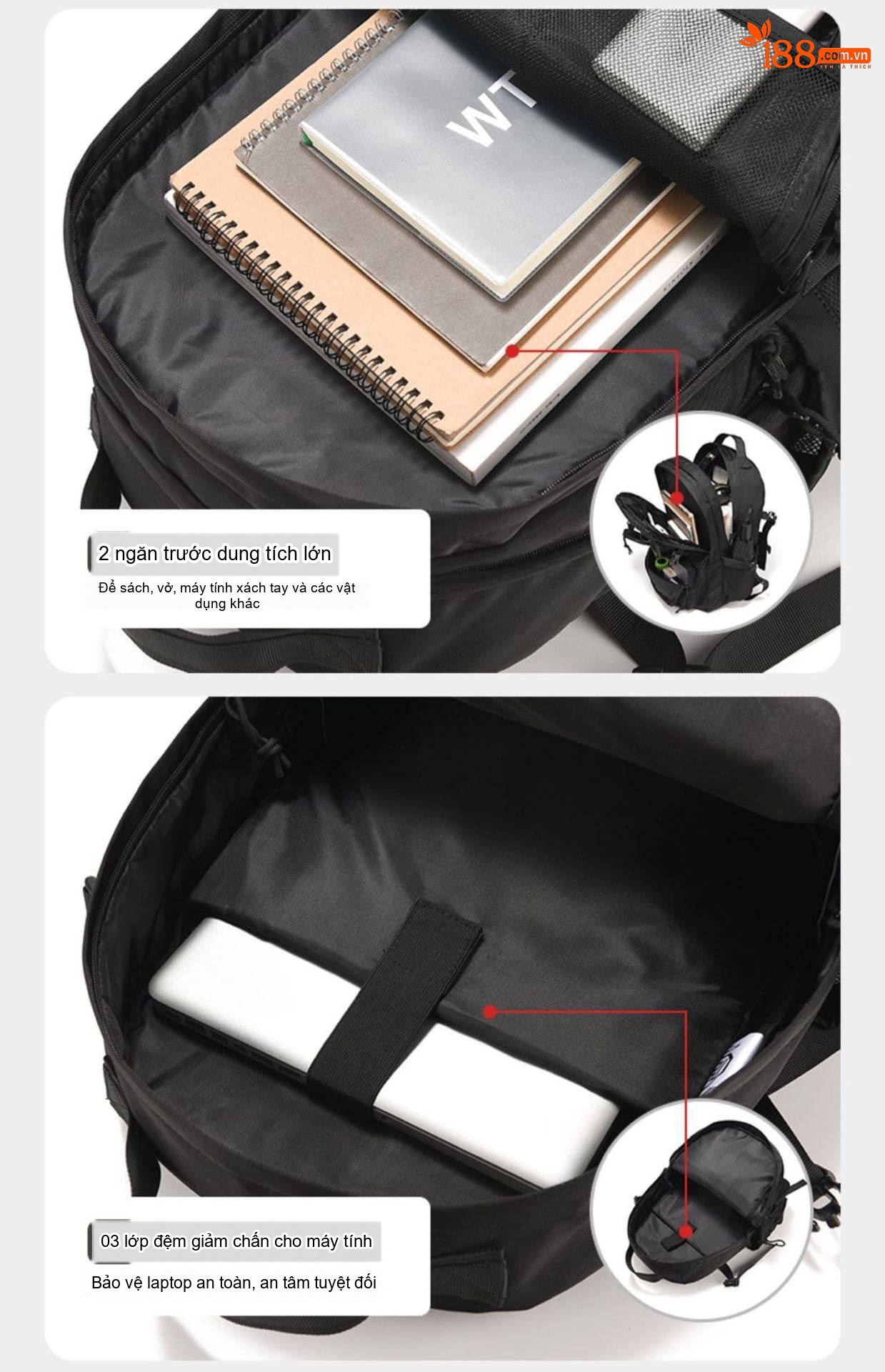 Balo Đeo Vai Nam Kiểu Cơ Năng Du Lịch Ngoài Trời Đựng Laptop Chống Nước Chống Mài Mòn Màu Đen chi tiết 12