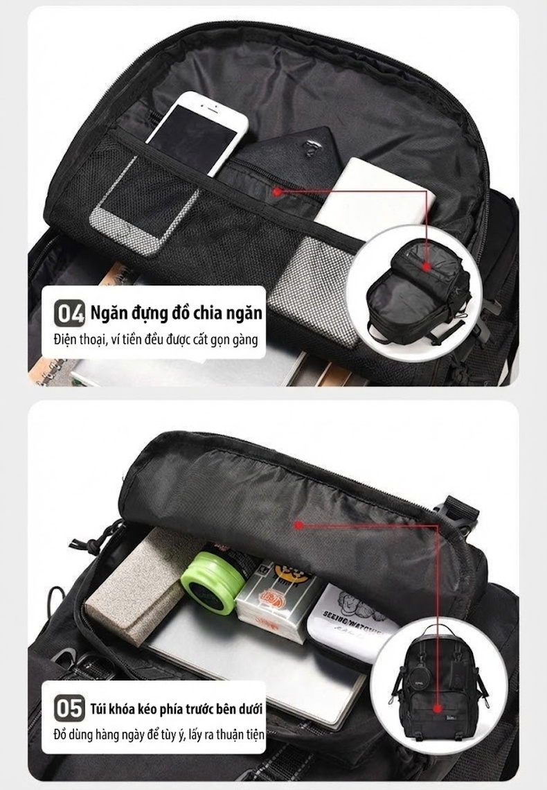 Balo Đeo Vai Nam Kiểu Cơ Năng Du Lịch Ngoài Trời Đựng Laptop Chống Nước Chống Mài Mòn Màu Đen chi tiết 13