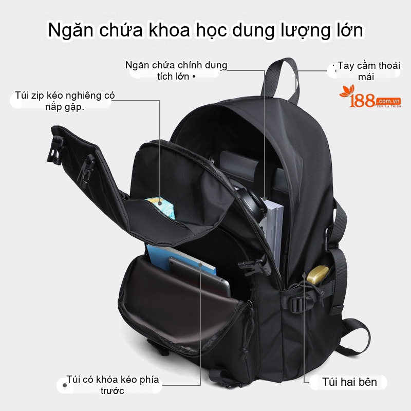 Balo Đeo Vai Nam Nữ Dung Tích Lớn Vải Dệt Công Sở Du Lịch Thể Thao Màu Đen