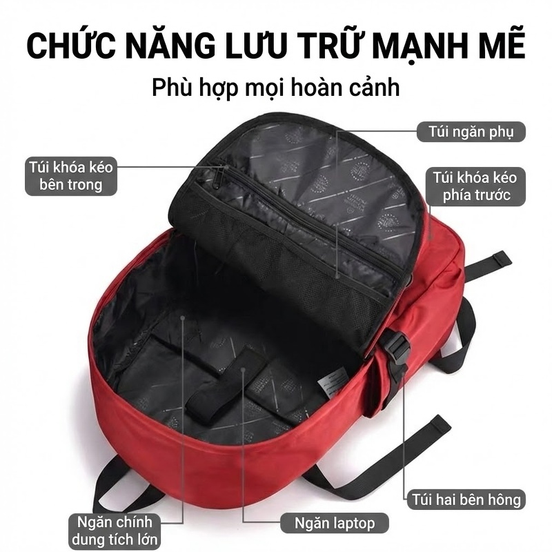 Balo Đeo Vai Nam Nữ Phong Cách Đường Phố Hàn Quốc, Túi Đựng Laptop Đi Học, Đi Du Lịch Màu Đen, Đỏ chi tiết 11