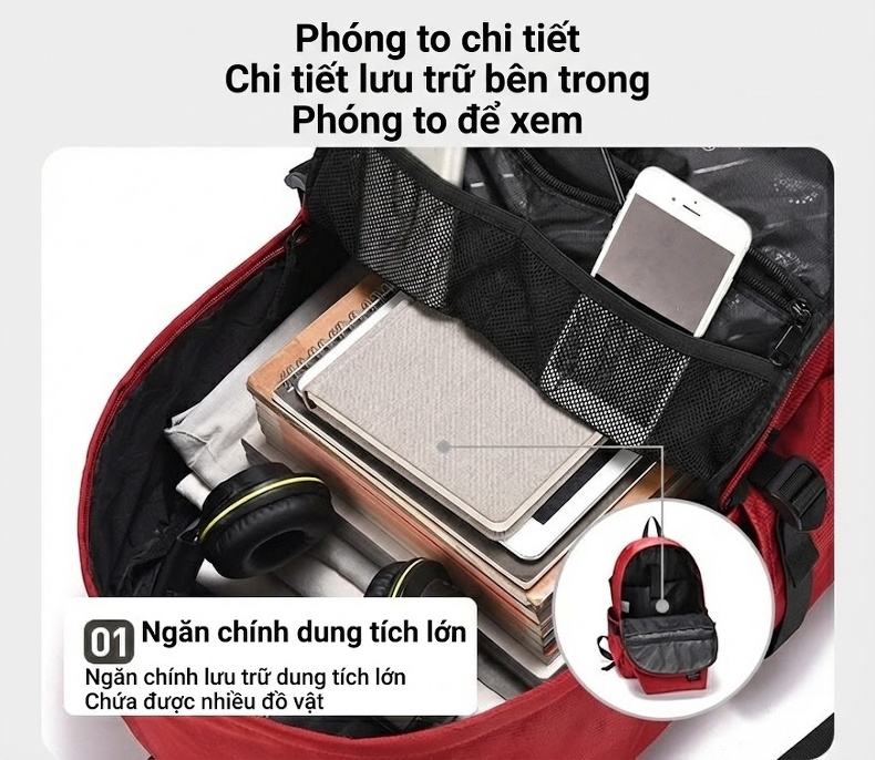 Balo Đeo Vai Nam Nữ Phong Cách Đường Phố Hàn Quốc, Túi Đựng Laptop Đi Học, Đi Du Lịch Màu Đen, Đỏ chi tiết 14