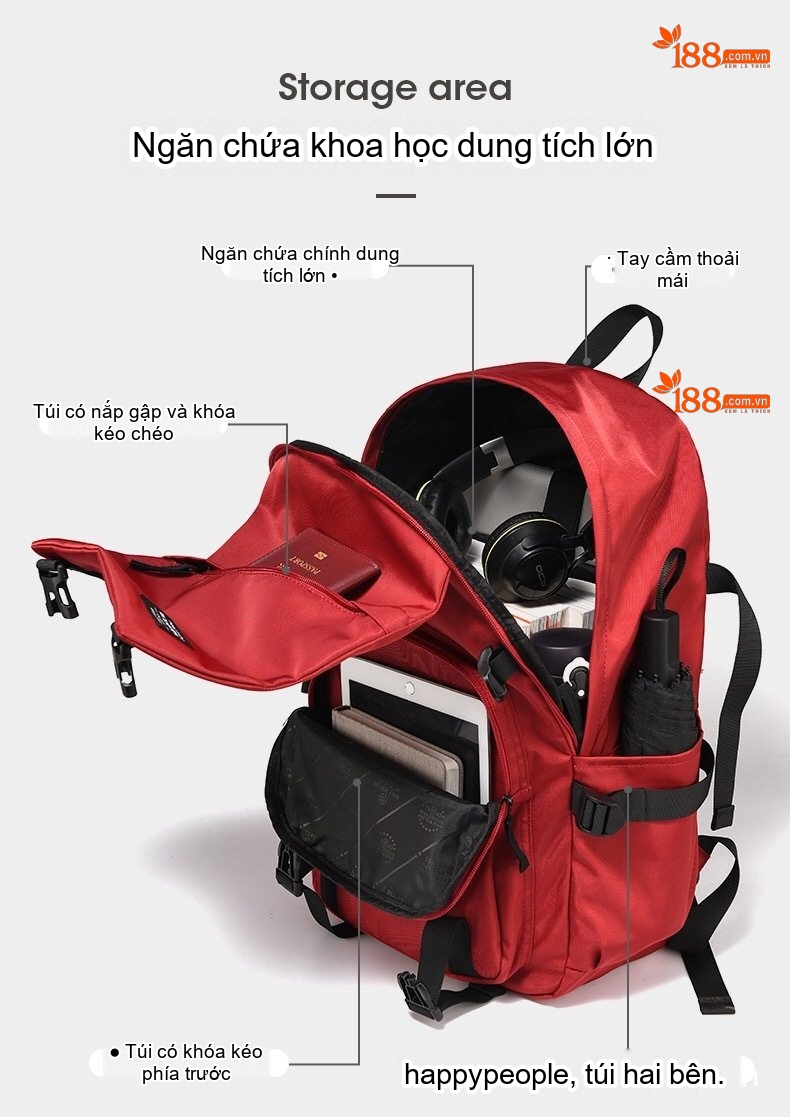 Balo Đeo Vai Nam Nữ Phong Cách Đường Phố Hàn Quốc, Túi Đựng Laptop Đi Học, Đi Du Lịch Màu Đen, Đỏ chi tiết 12