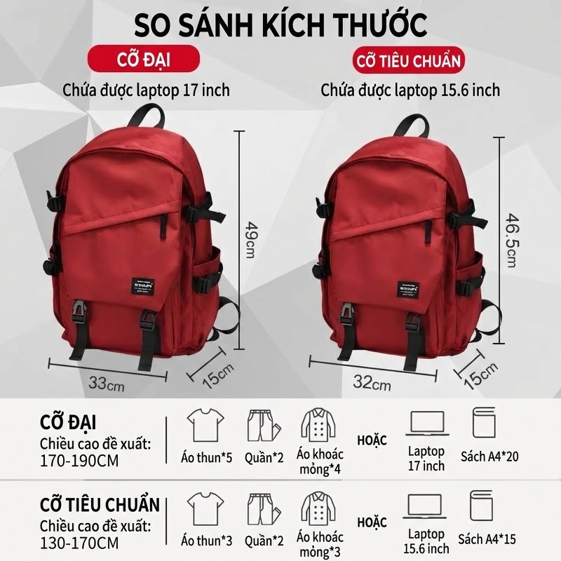 Balo Đeo Vai Nam Nữ Phong Cách Đường Phố Hàn Quốc, Túi Đựng Laptop Đi Học, Đi Du Lịch Màu Đen, Đỏ chi tiết 6
