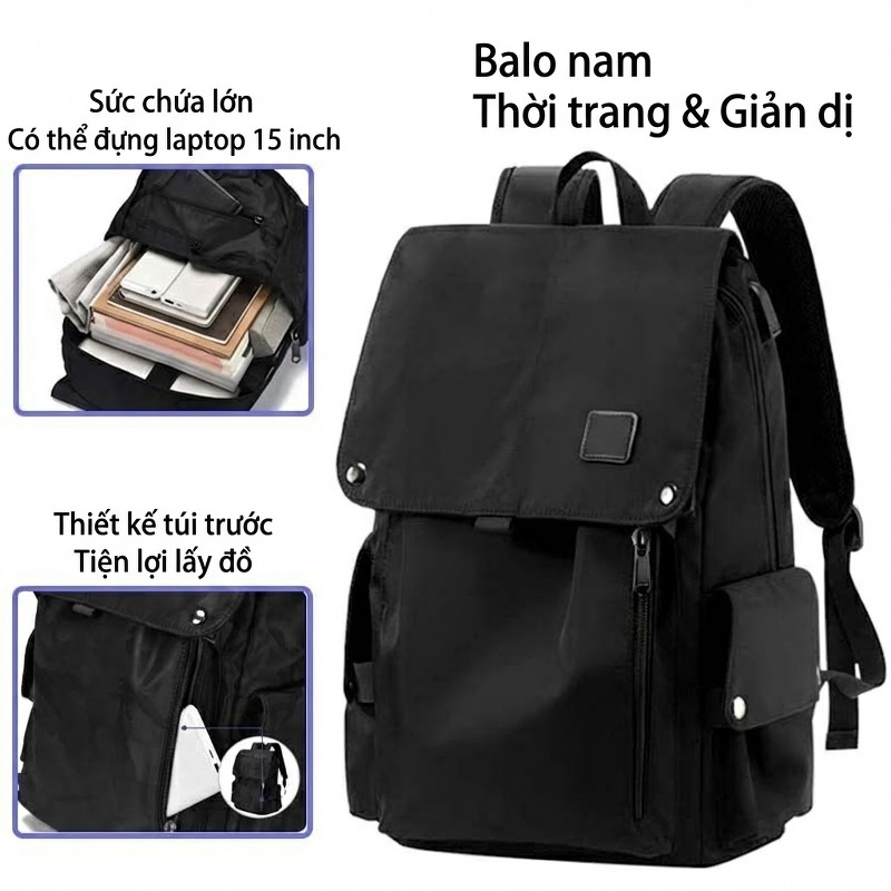 Balo Đeo Vai Nam Nữ Vải Oxford Chống Thấm Nước Phong Cách Casual Đựng Laptop Đi Học Đi Làm Du Lịch Màu Đen