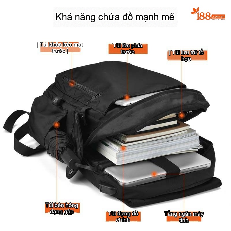 Balo Đeo Vai Nam Nữ Vải Oxford Chống Thấm Nước Phong Cách Casual Đựng Laptop Đi Học Đi Làm Du Lịch Màu Đen