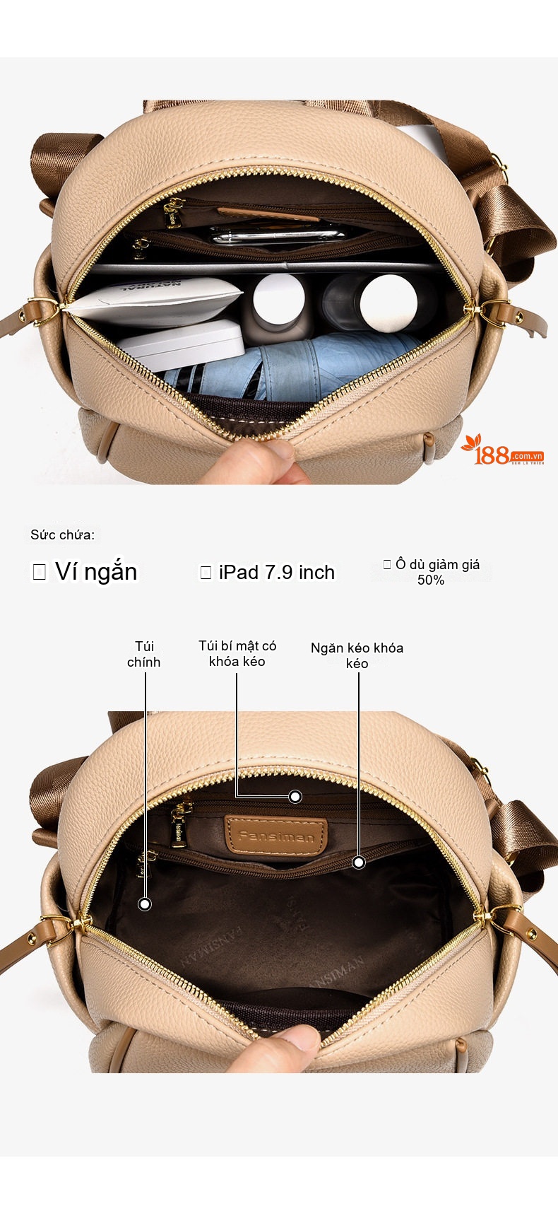 Balo Đeo Vai Nữ Da Mờ Sức Chứa Lớn Phong Cách Quảng Châu Màu Be chi tiết 3