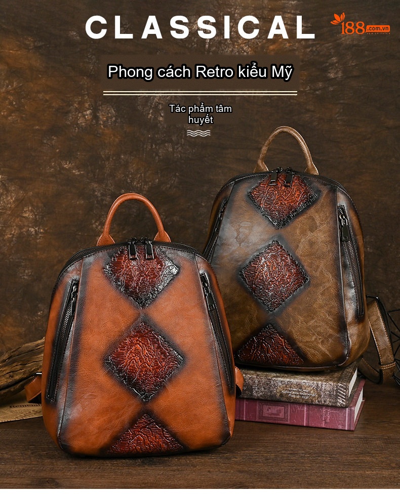 Balo Đeo Vai Nữ Đa Năng Dung Tích Lớn Thiết Kế Dập Nổi Phong Cách Retro Màu Nâu, Xanh Lá chi tiết 1