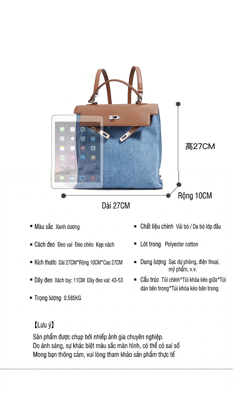 Balo Đeo Vai Nữ Thiết Kế Độc Đáo Vải Jean, Da Thật, Túi Đeo Chéo, Túi Xách Tay Dung Tích Lớn, Phong Cách Tối Giản Màu Xanh, Nâu chi tiết 7