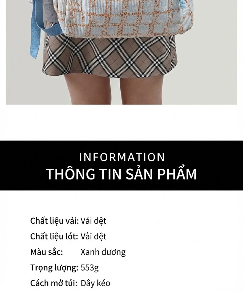Balo Đeo Vai Nữ Vải Dệt Ô Vuông Nhỏ Nhẹ Đi Học Du Lịch chi tiết 6