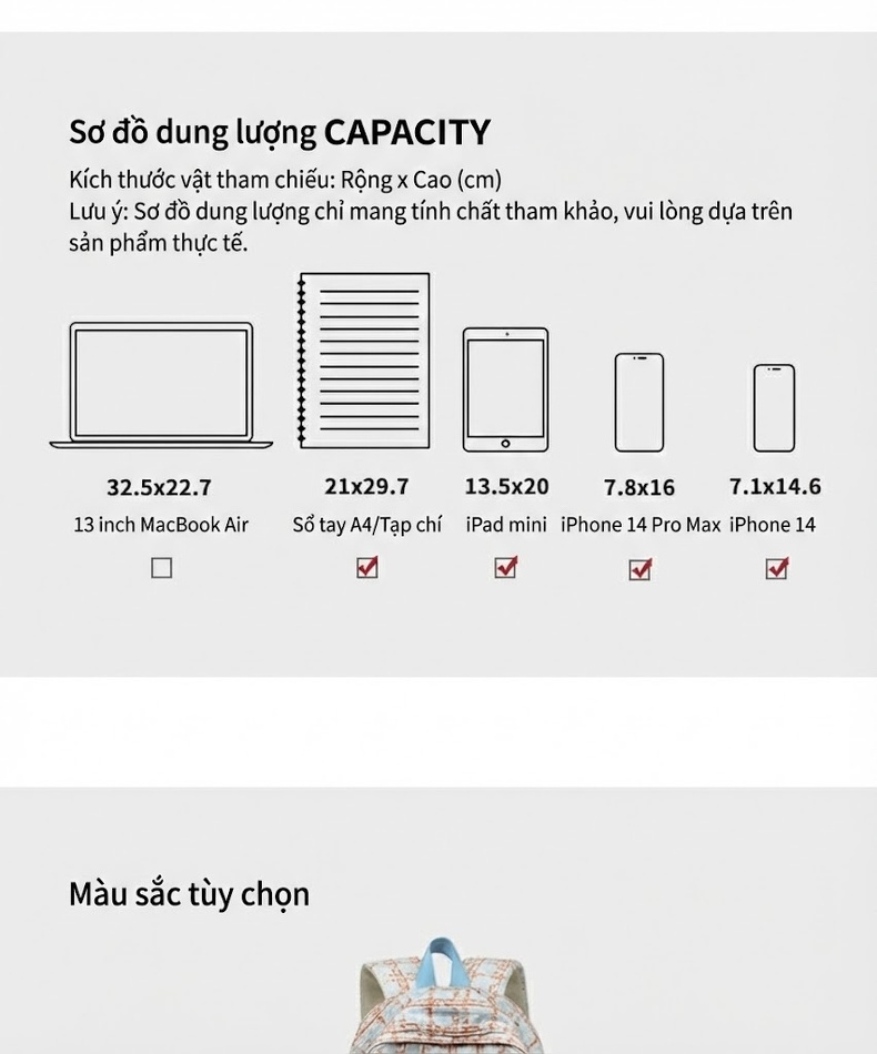 Balo Đeo Vai Nữ Vải Dệt Ô Vuông Nhỏ Nhẹ Đi Học Du Lịch chi tiết 8