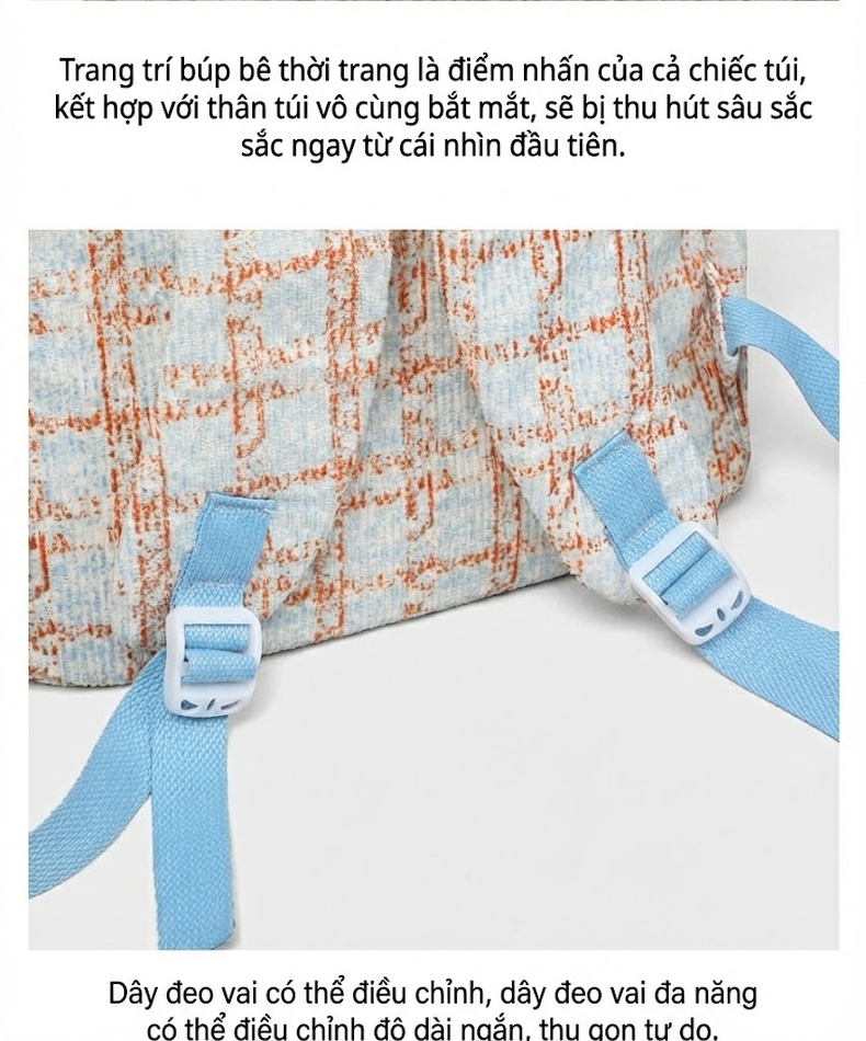 Balo Đeo Vai Nữ Vải Dệt Ô Vuông Nhỏ Nhẹ Đi Học Du Lịch chi tiết 15