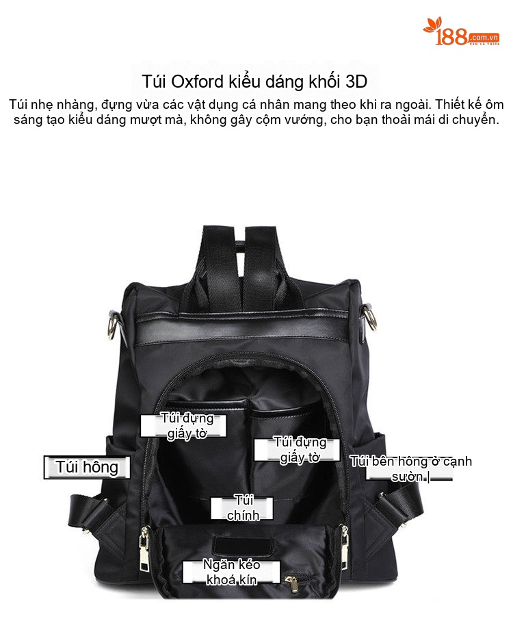 Balo Đeo Vai Nữ Vải Oxford Chống Thấm Nước Dung Tích Lớn Màu Đen chi tiết 17
