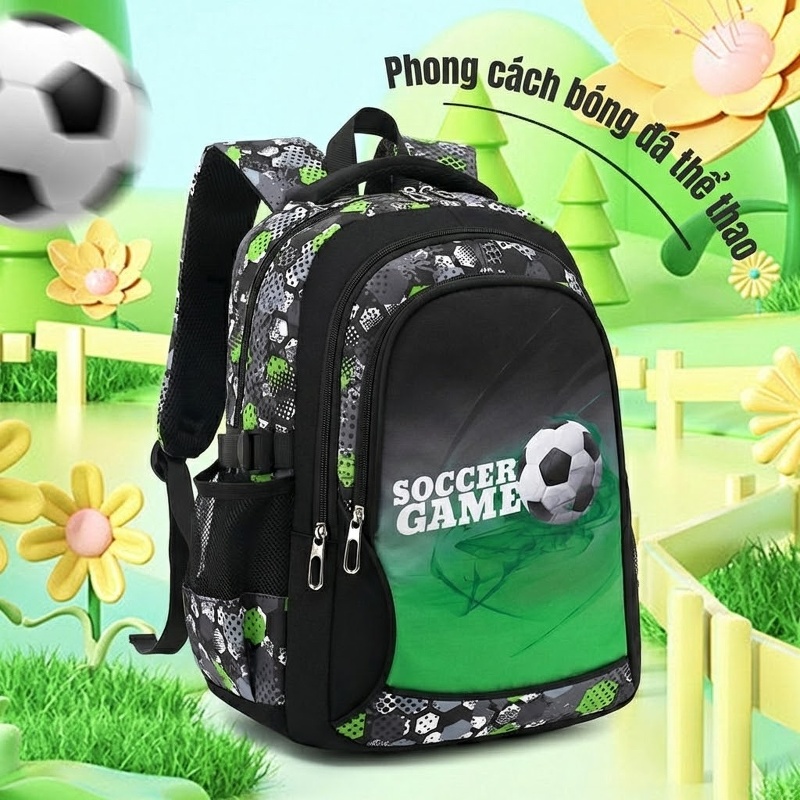 Balo Đi Học Tiểu Học Hình Bóng Đá Hoạt Hình Nhiều Ngăn Chống Thấm Nước Màu Đen, Xám, Xanh Lá...