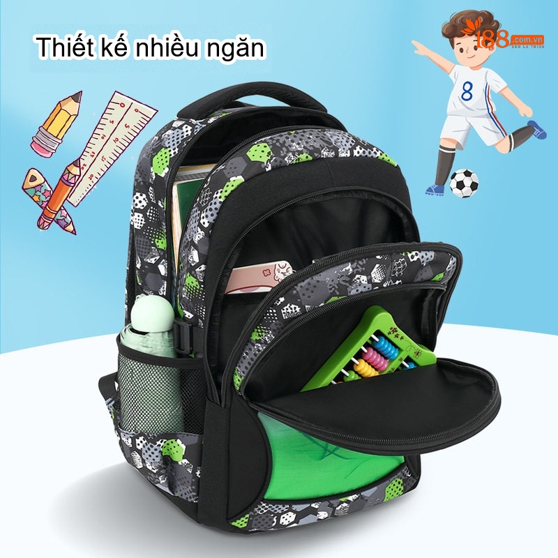 Balo Đi Học Tiểu Học Hình Bóng Đá Hoạt Hình Nhiều Ngăn Chống Thấm Nước Màu Đen, Xám, Xanh Lá...