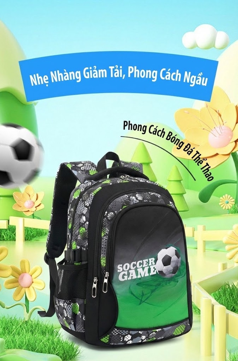 Balo Đi Học Tiểu Học Hình Bóng Đá Hoạt Hình Nhiều Ngăn Chống Thấm Nước Màu Đen, Xám, Xanh Lá... chi tiết 3