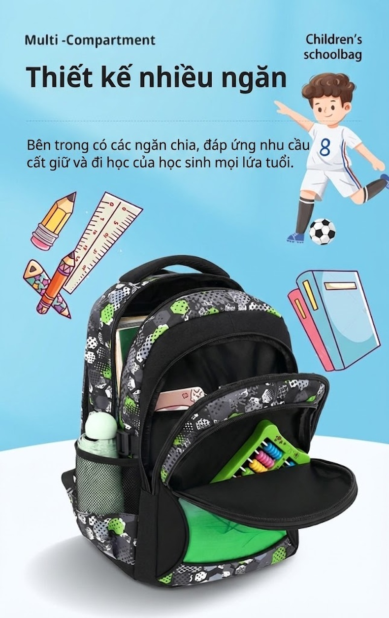 Balo Đi Học Tiểu Học Hình Bóng Đá Hoạt Hình Nhiều Ngăn Chống Thấm Nước Màu Đen, Xám, Xanh Lá... chi tiết 5
