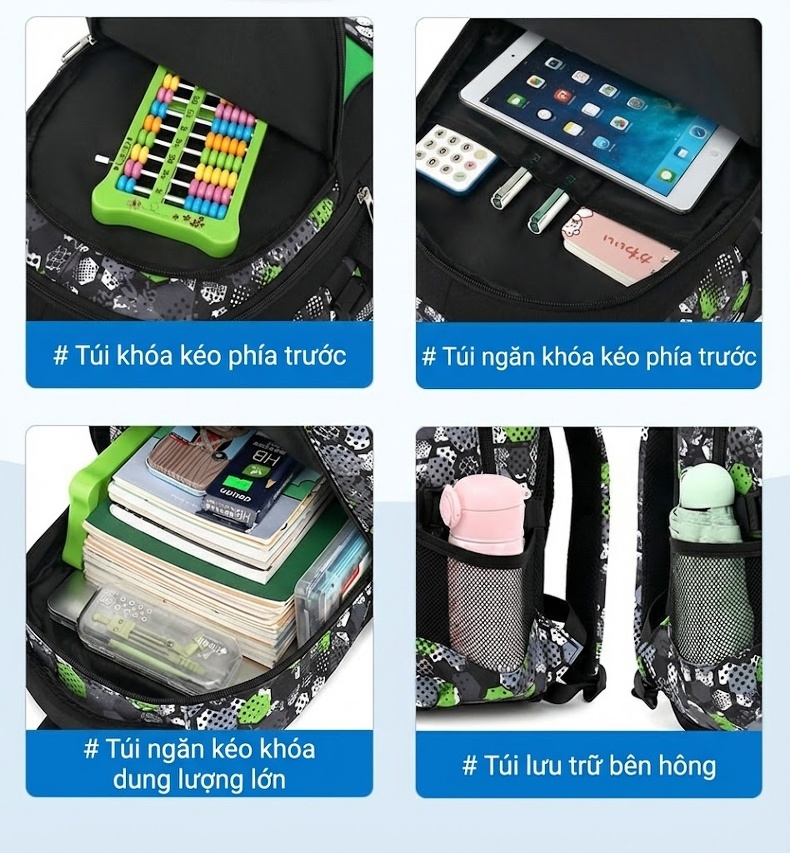 Balo Đi Học Tiểu Học Hình Bóng Đá Hoạt Hình Nhiều Ngăn Chống Thấm Nước Màu Đen, Xám, Xanh Lá... chi tiết 6