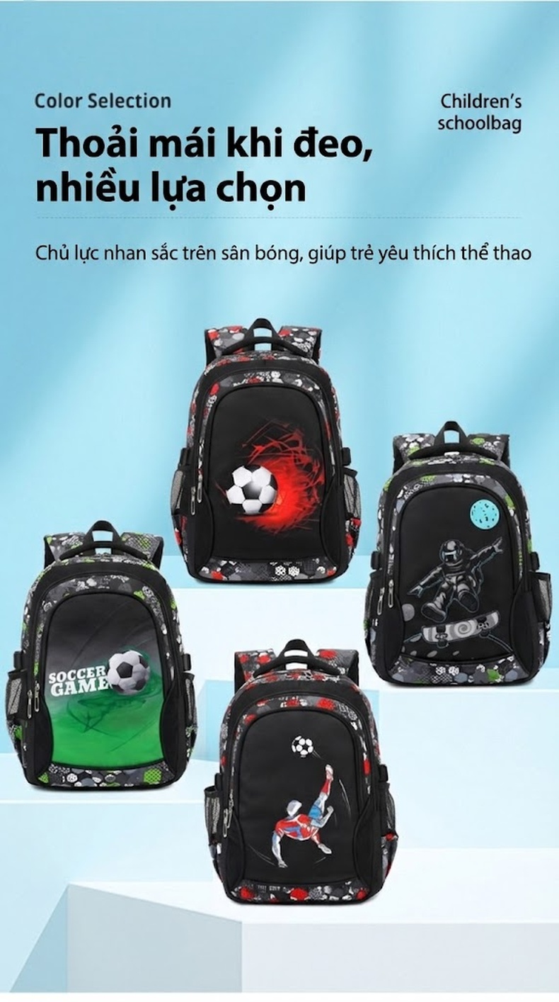 Balo Đi Học Tiểu Học Hình Bóng Đá Hoạt Hình Nhiều Ngăn Chống Thấm Nước Màu Đen, Xám, Xanh Lá... chi tiết 8
