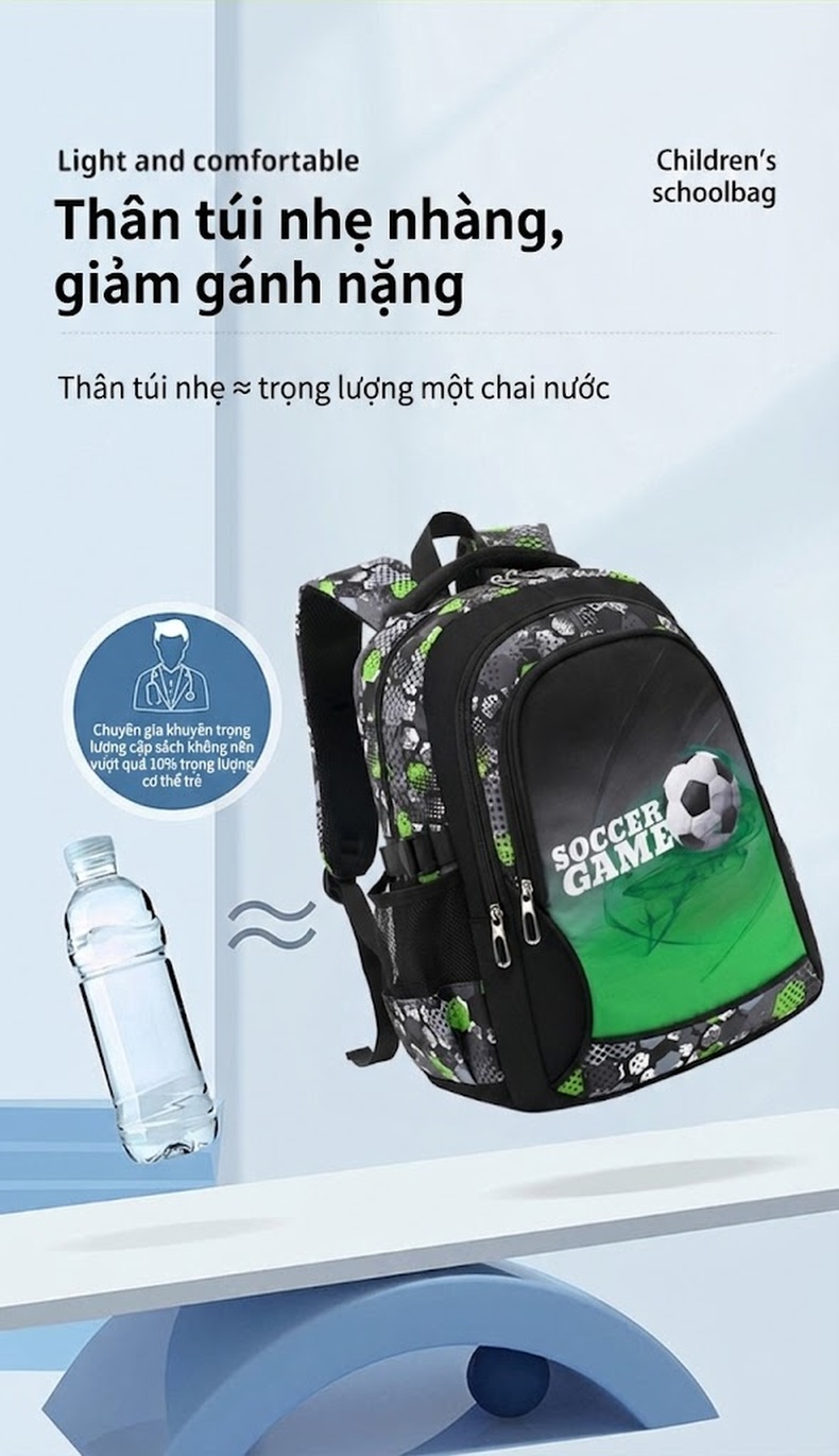 Balo Đi Học Tiểu Học Hình Bóng Đá Hoạt Hình Nhiều Ngăn Chống Thấm Nước Màu Đen, Xám, Xanh Lá... chi tiết 18
