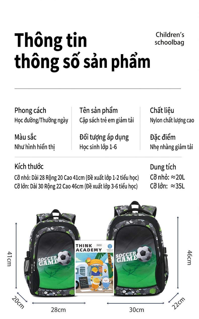 Balo Đi Học Tiểu Học Hình Bóng Đá Hoạt Hình Nhiều Ngăn Chống Thấm Nước Màu Đen, Xám, Xanh Lá... chi tiết 9