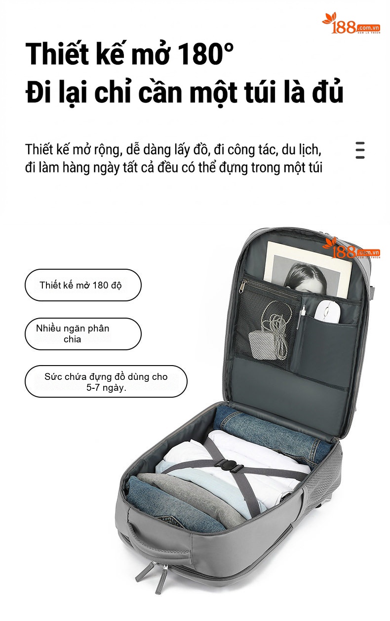 Balo Đôi Đa Năng Chống Nước Sức Chứa Lớn Tiện Lợi Màu Xám chi tiết 6
