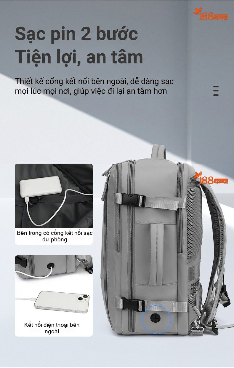Balo Đôi Đa Năng Chống Nước Sức Chứa Lớn Tiện Lợi Màu Xám chi tiết 11
