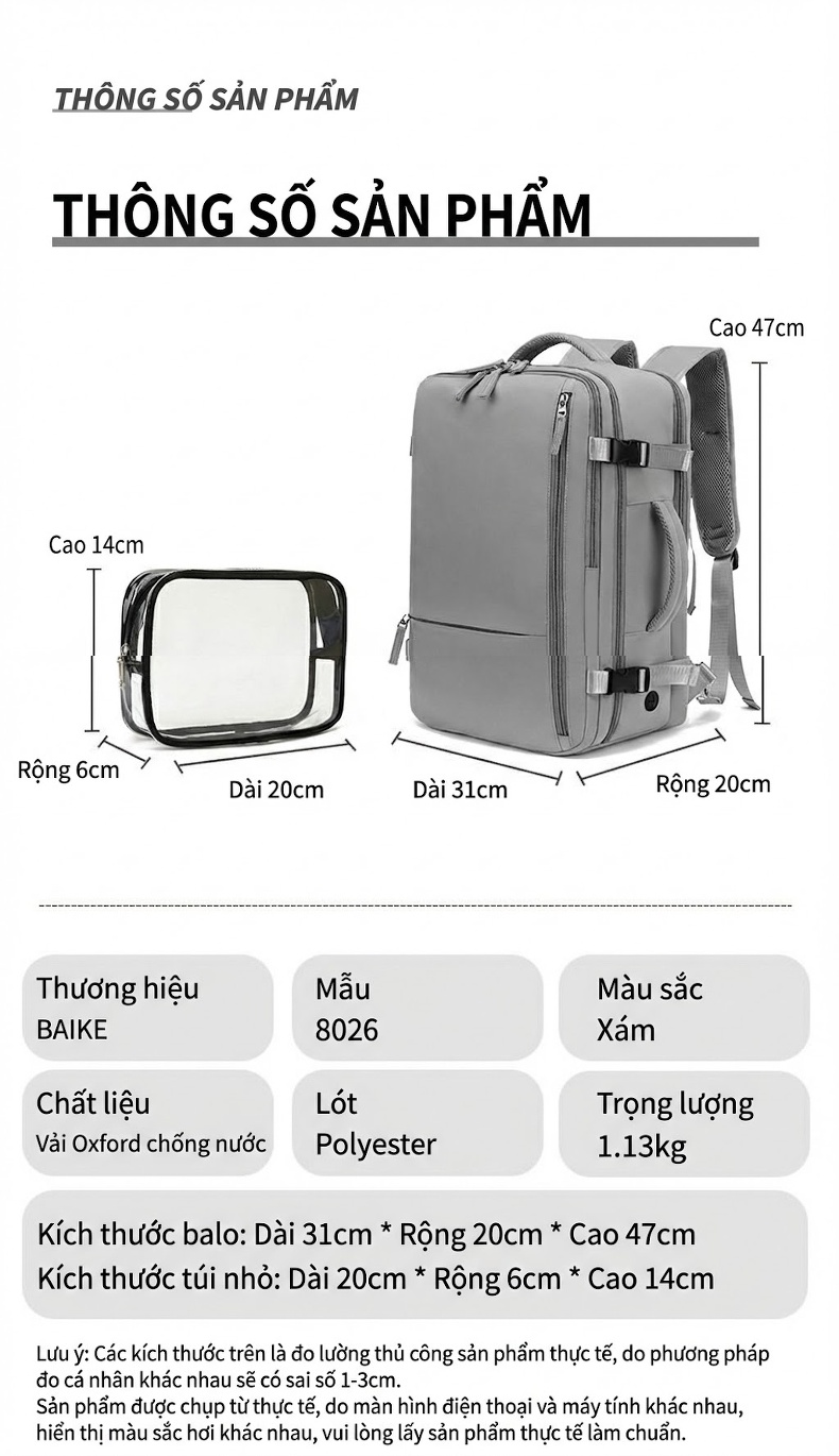 Balo Đôi Đa Năng Chống Nước Sức Chứa Lớn Tiện Lợi Màu Xám chi tiết 16