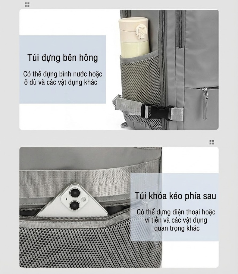 Balo Đôi Đa Năng Chống Nước Sức Chứa Lớn Tiện Lợi Màu Xám chi tiết 9