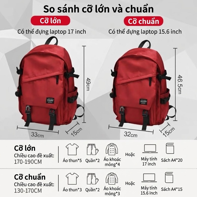 Balo Đôi Học Sinh, Sinh Viên, Du Lịch Ngắn Ngày, Leo Núi Ngoài Trời Vải Bền Màu Kem, Đen, Đỏ, Xanh... chi tiết 7
