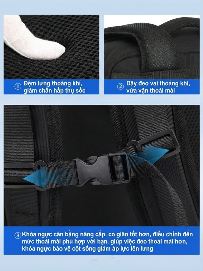 Balo Đôi Laptop Đa Năng Sức Chứa Lớn Du Lịch Công Tác Mở Rộng 4cm Màu Xám, Đen, Trắng, Xanh... chi tiết 18