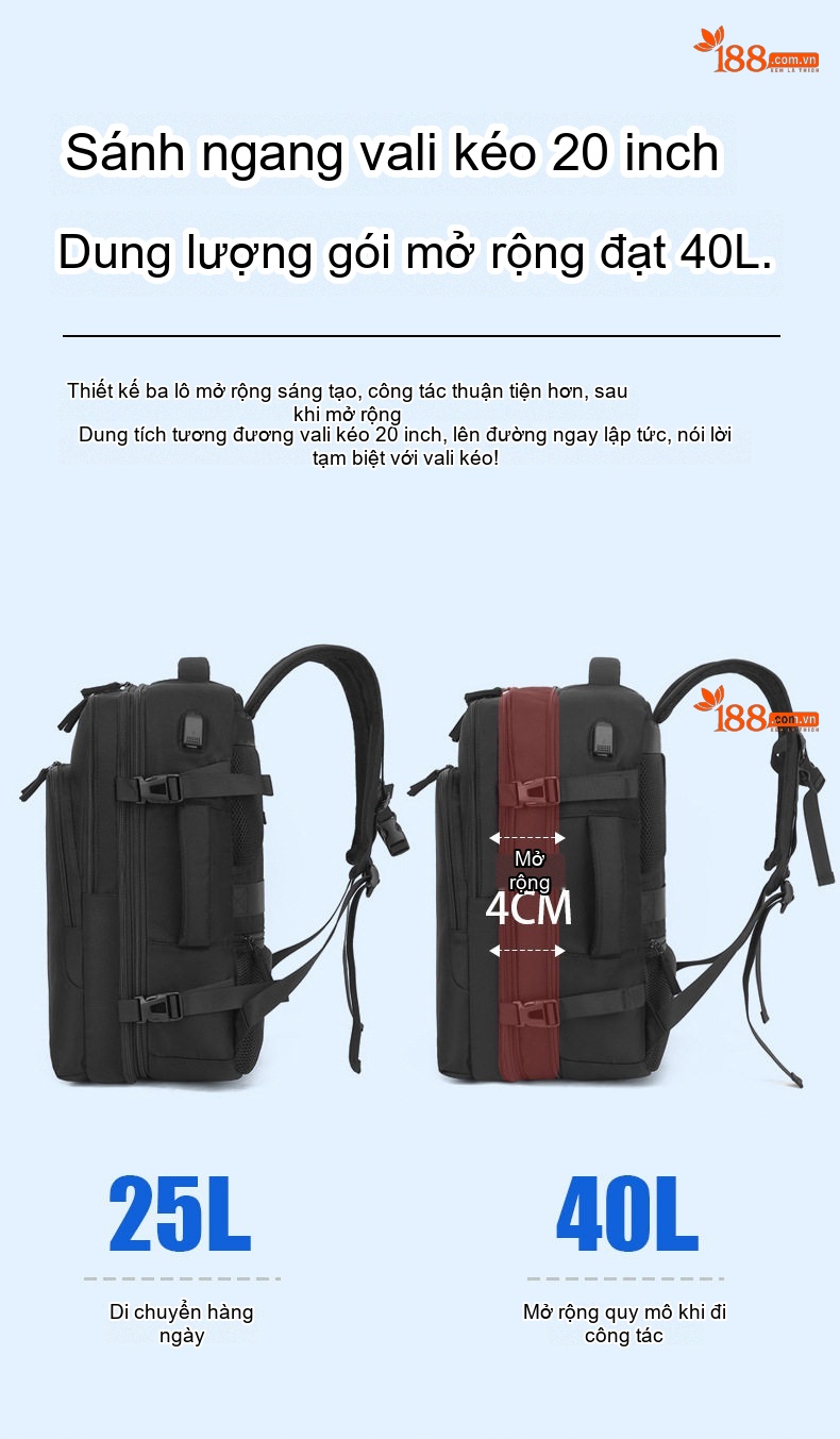 Balo Đôi Laptop Đa Năng Sức Chứa Lớn Du Lịch Công Tác Mở Rộng 4cm Màu Xám, Đen, Trắng, Xanh... chi tiết 15
