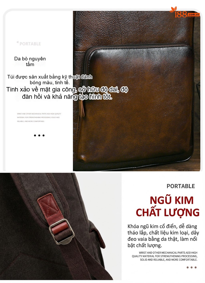 Balo Đôi Nam Da Bò Lớp Đầu Vintage, Balo Da Thật Sức Chứa Lớn Màu Nâu chi tiết 10