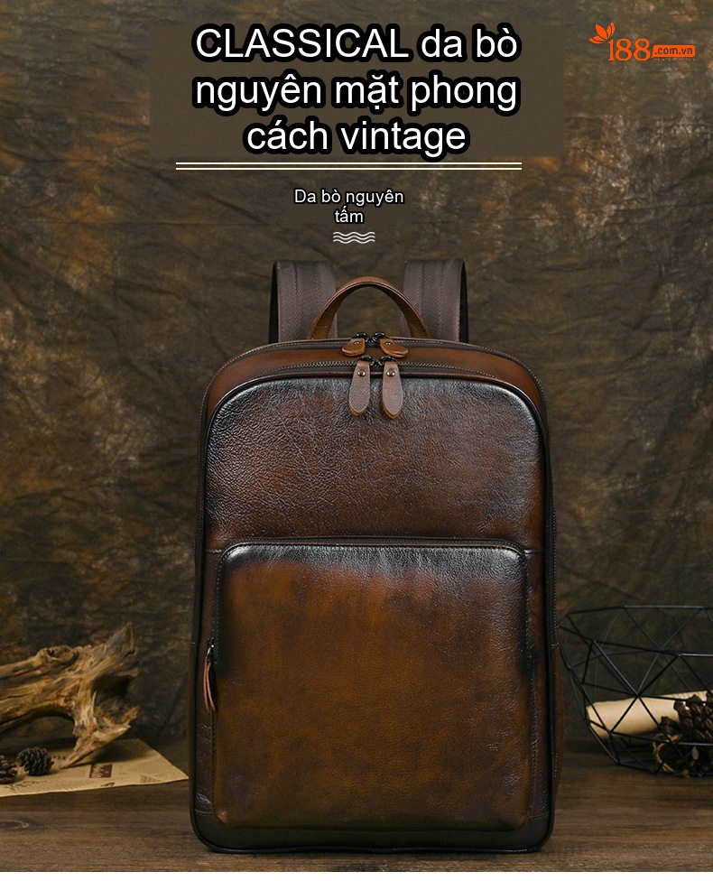 Balo Đôi Nam Da Bò Lớp Đầu Vintage, Balo Da Thật Sức Chứa Lớn Màu Nâu chi tiết 1