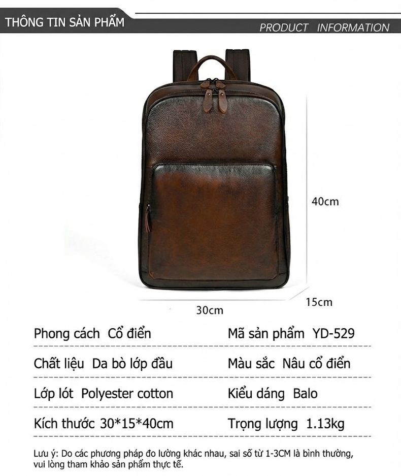 Balo Đôi Nam Da Bò Lớp Đầu Vintage, Balo Da Thật Sức Chứa Lớn Màu Nâu chi tiết 3